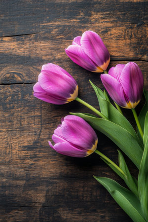 A bouquet of vibrant purple tulips with yellow tips is elegantly displayed on a textured wooden background, showing their natural beauty and freshness.の素材