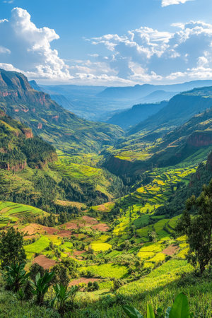 A breathtaking landscape features lush green valleys and rolling hills, dotted with trees, under a bright blue sky filled with fluffy white clouds, capturing the beauty of nature in the afternoon sunlight.の素材