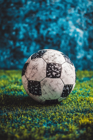 A worn black and white soccer ball lies on bright green grass, contrasting against a textured blue backdrop. The scene captures the essence of outdoor play and nostalgia for past games, inviting thoughts of matches and teamwork.の素材