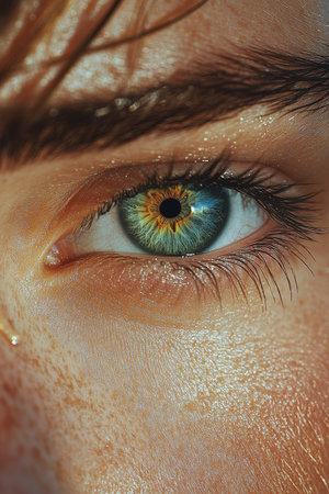 A young woman is captured in a close-up view, displaying her freckles and delicate features, with her eyes gently closed. The soft, natural light enhances her serene expression and overall beauty.の素材