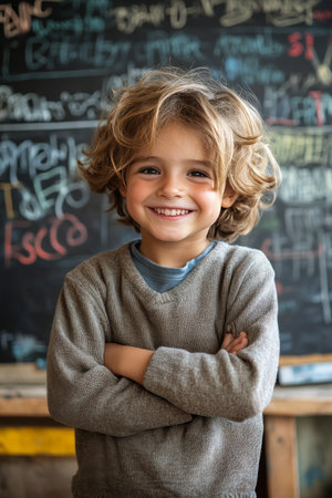A cheerful young boy stands with his arms crossed, wearing a cozy gray sweaterの素材