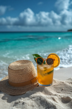 A refreshing drink garnished with an orange slice and mint sits beside a straw hat on soft sand. The calm waves and turquoise water create a perfect tropical atmosphere under a bright blue sky.の素材