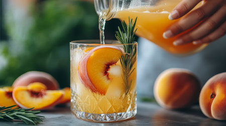 A hand pours a peach drink over ice in a crystal glass, accented by fresh rosemary. Juicy peach slices surround the drink on a rustic countertop, capturing a vibrant moment in a bright kitchen.の素材