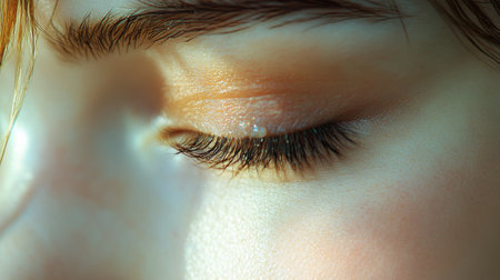 A close-up view showcases a person's closed eye adorned with subtle makeup, illuminated by gentle natural light, highlighting the texture of the eyelashes and skin.の素材