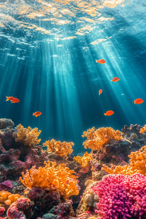 Colorful coral reefs stretch through crystal-clear water, illuminated by sunlight filtering from above. The marine ecosystem teems with life, showcasing various shades of coral and the tranquility of underwater exploration.の素材