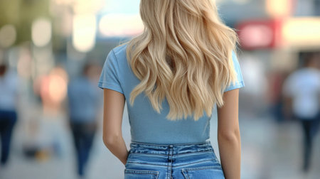 A woman with flowing long hair enjoys the warm glow of the sunset. She is dressed in a light denim shirt and fitted jeans, exuding a casual yet stylish vibe as she stands outdoors.の素材