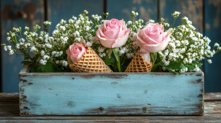 A delicate pink rose rests in a waffle cone alongside small white flowers, all placed inside a rustic wooden box, creating an aesthetically pleasing arrangement.の素材