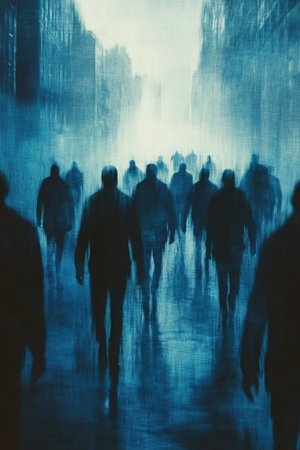 Dark figures navigate a fog-filled urban setting at night, illuminated by distant city lights, creating a haunting atmosphere.の素材