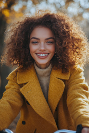 A young woman with vibrant, curly hair beams while sitting on a bicycle surrounded by autumn foliage, enjoying a sunny day in the park.の素材