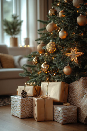 A beautifully decorated Christmas tree stands in a cozy living room, sparkling with golden ornaments. Wrapped gifts are placed beneath the tree, creating a festive atmosphere perfect for the holiday season.の素材