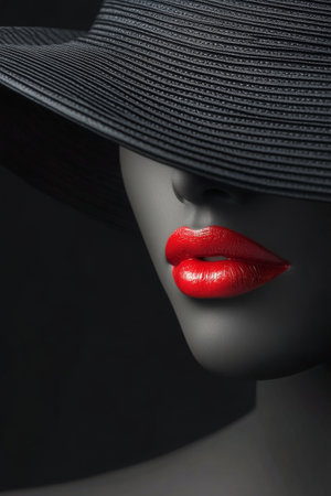 A striking close-up captures a mannequin with bold red lips partially hidden under a wide-brimmed black hat, creating a mysterious and fashionable impression in low light.の素材