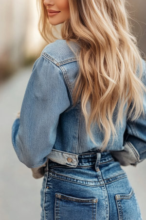 This serene moment captures a woman with flowing blonde hair, wearing a denim jacket, as she embraces the calmness of the outdoors in a foggy setting, seemingly lost in thought.の素材