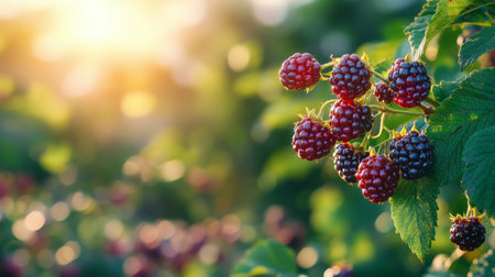 A cluster of ripe blackberries hangs from a lush green bush, illuminated by warm sunlight during the golden hour at a berry farm, showcasing their deep colors against a blurred background.の素材