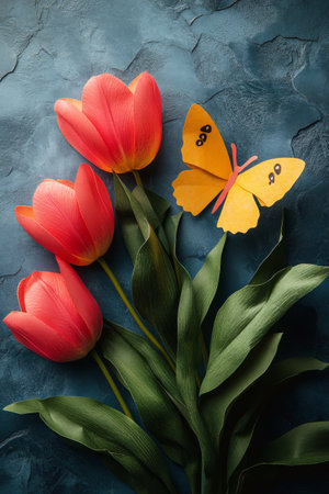 A vibrant orange butterfly peppers on a cluster of pink tulips, creating a striking contrast against a dark blue textured backdrop. The flowers are lush and fresh, enhancing the beauty of the scene.の素材