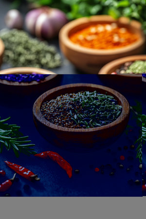 Various spices and herbs are displayed in wooden bowls, showing a vibrant array of colors, including yellow turmeric, purple lavender, and different pepper types, set against a dark backdrop.の素材