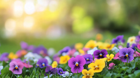 A vibrant garden showcases a mix of blooming pansies and daisies, creating a colorful display against a lush green backdrop in early spring.の素材