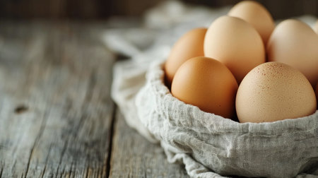 A collection of fresh organic eggs, both brown and white, is arranged in a natural fiber basket resting on a rustic wooden table. The soft lighting highlights their textures.の素材