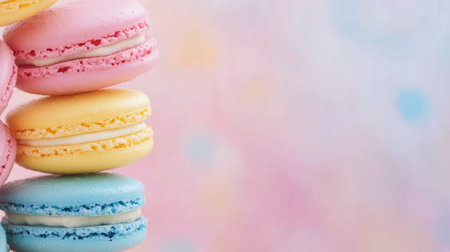 A delightful arrangement of colorful macarons features pastel shades of pink, yellow, and blue, beautifully stacked against a softly blurred, pastel-hued background.の素材