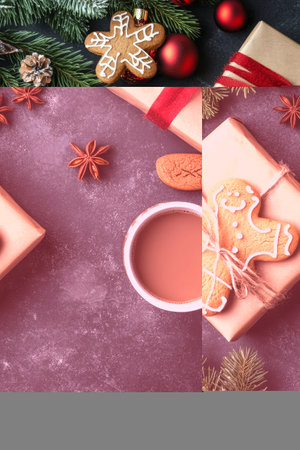 A beautifully arranged winter table wrapped features gifts, a gingerbread cookie topped with icing, and a steaming cup of coffee. Decorative elements include pine branches and festive ornaments.の素材