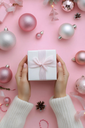 A pair of hands gently hold a neatly wrapped gift adorned with a soft ribbon. Surrounding the gift are festive ornaments and decorations, adding to the joyful holiday atmosphere.の素材