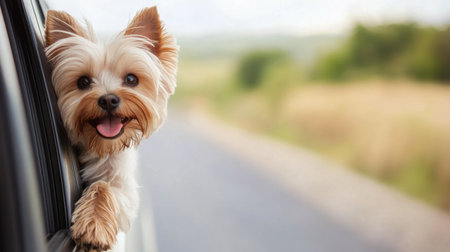 A small dog leans out of a car window, joyfully feeling the wind on a bright day. The surrounding landscape features blurred greenery and a winding road ahead.の素材