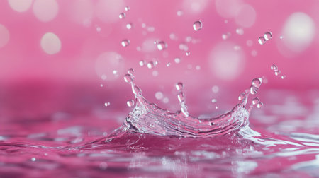 A droplet strikes the water's surface, causing a splash and forming ripples against a gentle pink backdrop, showcasing fluid motion and tranquility in a serene moment.の素材
