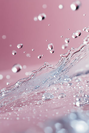 Water droplets burst and dance gracefully against a smooth pink surface, creating mesmerizing ripples. The soft lighting enhances the serene atmosphere of the moment.の素材