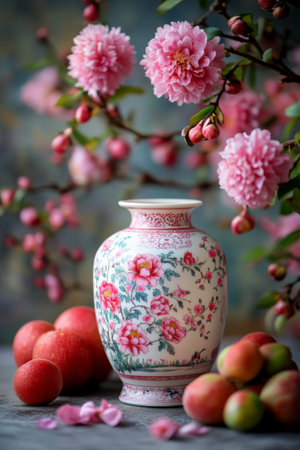 A beautiful arrangement featuring two blue decorative vases adorned with floral designs surrounded by blooming branches and a variety of colorful fruits, creating a lively and artistic display.の素材