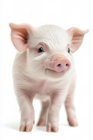 A delightful baby piglet stands with a joyful expression, gazing curiously at the viewer. Its soft, pink skin and bright eyes create an inviting and cheerful presence.の素材