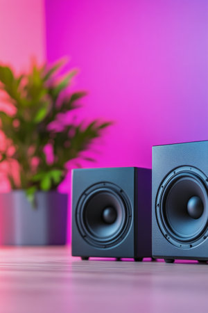Black speakers are set on a surface, illuminated by a colorful bokeh background blending shades of pink and blue. The night setting adds depth to the visual ambiance, enhancing the mood.の素材