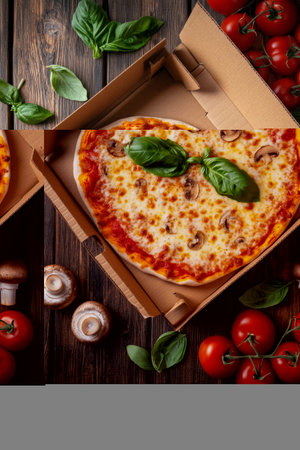 A freshly made cheese pizza is elegantly placed in an open takeout box. It is topped with mushrooms and garnished with fresh basil leaves. Surrounding are ripe tomatoes and mushrooms.の素材
