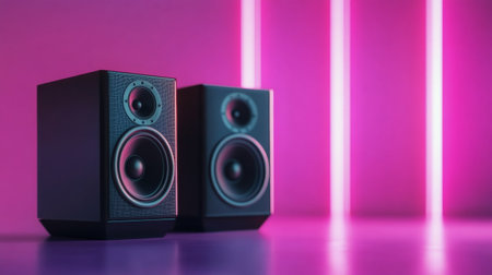 Two sleek audio speakers sit against a vibrant purple background, enhanced by glowing neon lights. The setup creates a contemporary and energetic atmosphere perfect for music lovers.の素材