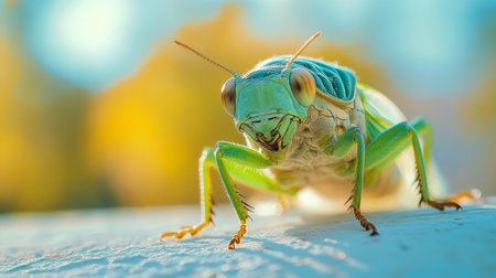 A colorful cicada is shown up close, with its wings outstretched, resting on a rocky surface. The warm light of golden hour highlights its intricate features and enhances its vivid colors.の素材