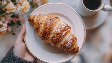 A person holds a beautifully baked croissant on a fine china plate in a warm, inviting environment, surrounded by soft light and delicate flowers, emphasizing a moment of simple pleasure.の素材