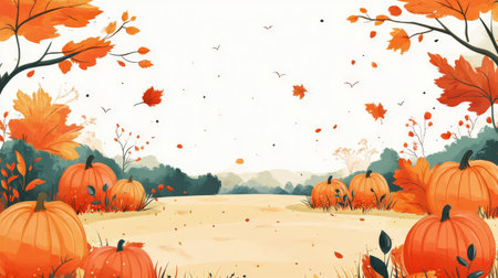 A bright orange pumpkin rests among a blanket of autumn leaves, illuminated by soft golden light during sunset. The scene captures the essence of fall, with leaves swirling gently in the cool breeze.の素材