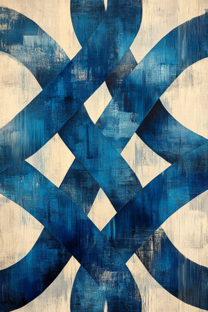 A faded wall features a striking blue maze design composed of white pathways, contrasting with the aged texture of the surface around it, evoking a sense of depth and complexity.の素材