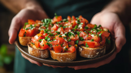A chef presents a rustic plate filled with bruschetta, topped with diced tomatoes and fresh herbs, showcasing a delicious appetizer perfect for gatherings.の素材