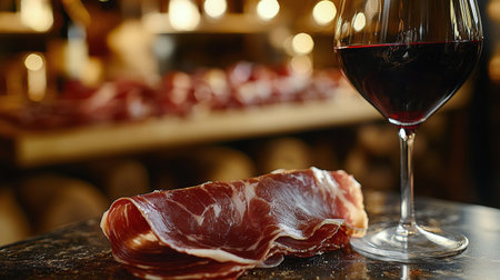 Thinly sliced cured meat is displayed on a dark slate board, accompanied by a glass of rich red wine, creating an inviting atmosphere perfect for enjoying gourmet flavors.の素材