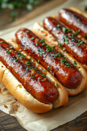 Juicy hot dogs are served in soft buns, generously topped with mustard, ketchup, diced onions, and fresh cilantro. This vibrant dish adds a burst of flavor, ideal for summer gatherings or casual picnics with friends.の素材