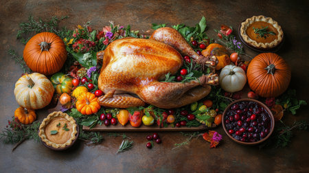 A stunning Thanksgiving spread showcases a perfectly roasted turkey garnished with cranberries, surrounded by autumn decorations including pumpkins and a pie, creating a warm and inviting holiday atmosphere.の素材