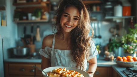 A young woman stands in a bright kitchen, smiling warmly while holding a dish of freshly made waffles topped with whipped cream. The atmosphere is inviting with soft natural light.の素材