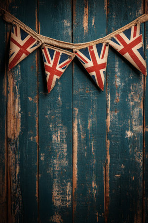 Bunting featuring Union Jack flags is elegantly draped across a weathered blue wooden wall, creating a festive ambiance. The worn texture of the wood complements the vibrant colors of the flags, adding charm to the decor.の素材