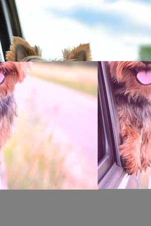 A cheerful Yorkshire Terrier leans out of a car window, feeling the wind on its face. The dog appears playful and happy as it enjoys a scenic drive on a clear, sunny day.の素材