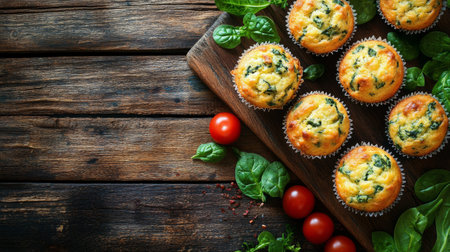 Spinach muffins sit on a wooden board, surrounded by fresh spinach leaves. The golden-brown treats showcase a fluffy texture, inviting anyone to indulge in a healthy snack.の素材