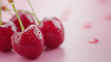 A cluster of vivid red cherries sits on a smooth surface, adorned with glistening water droplets, creating a fresh and inviting display against a soft pink backdrop.の素材