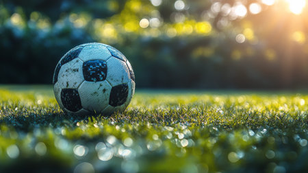 Raindrops illuminate a soccer ball resting on a wet field, capturing the intensity of an exciting night match. The vibrant lights of the stadium create a striking contrast, enhancing the atmosphere of the game.の素材
