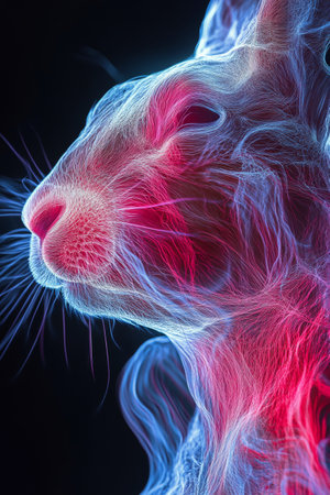 A rabbit stands out against a dark background, enveloped in vibrant pink and blue smoke. The combination of colors creates a striking and imaginative visual effect.の素材