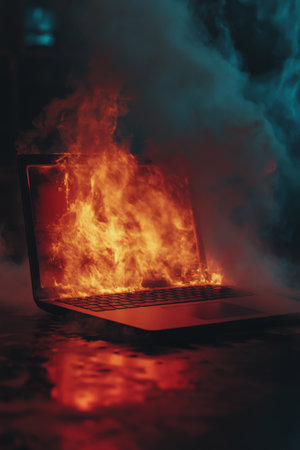 A laptop is engulfed in flames, smoke rising into the air as it rests on the scorched earth of a burned forest. The surrounding area shows signs of devastation from the fire.の素材