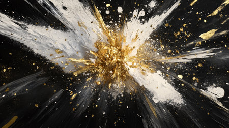 A vibrant explosion of white, gold, and black paint creates dynamic patterns on canvas, showing artistic creativity and energy. The design captures a sense of movement and intensity.の素材