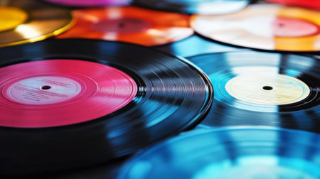 A vibrant assortment of vinyl records lies scattered on a flat surface, showing a variety of colors and labels. The arrangement highlights the beauty of classic music collectibles.の素材